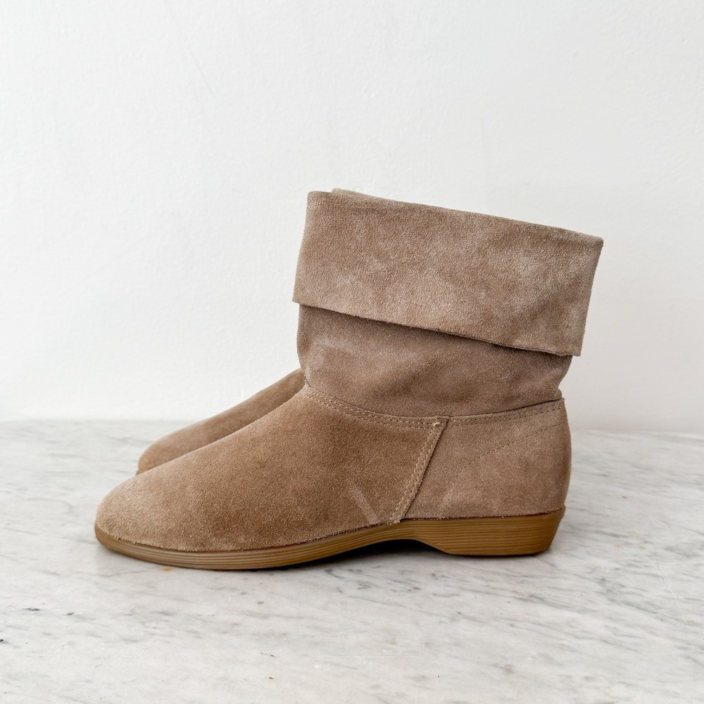 Boho Vintage Slouchy‎ Suede Ankle Boots Tan Round Toe Low Wedge Fold Over Cuff